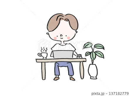 観葉植物とコーヒーのあるリラックスした空間で在宅ワークをする男性（働き方改革） 137182779