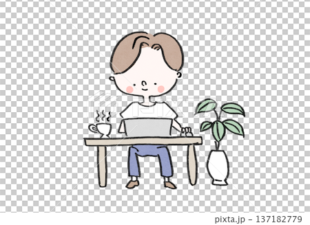 観葉植物とコーヒーのあるリラックスした空間で在宅ワークをする男性（働き方改革） 137182779