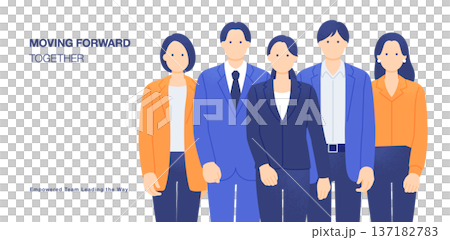 女性を中心に進むビジネスチーム。共に前進するビジネスパーソン5人組のベクターイラスト素材。 女性を中心に進むビジネスチーム。共に前進するビジネスパーソン5人組のベクターイラスト素材。 137182783