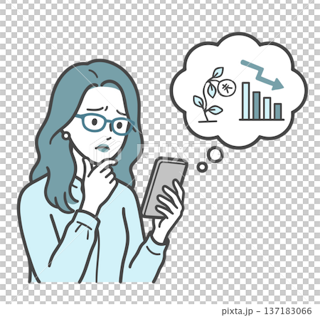 一幅描繪女性因投資失敗而苦惱的插圖（資產管理失敗和衰退的象徵）。 137183066