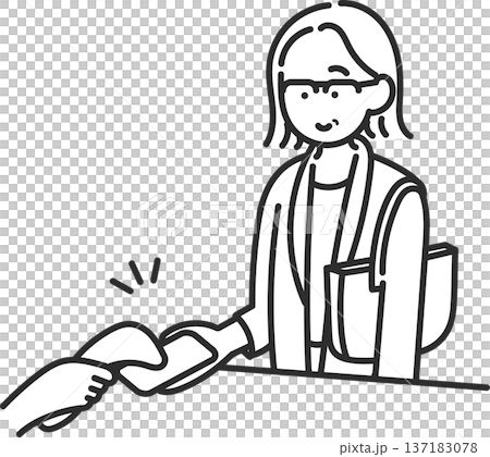 Illustration of a businesswoman in her 40s making a cashless payment using a smartphone (line drawing only) Illustration of a businesswoman in her 40s making a cashless payment using a smartphone (line drawing only) 137183078