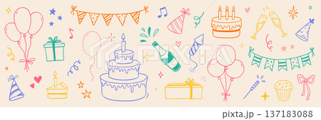 Birthday doodle color icon element. Hand drawn sketch doodle birthday cake, party gift, event hat cute decoration element. Party, carnival celebration concept background. Vector 137183088