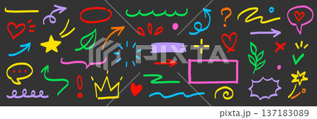 Marker line hand drawn arrow, highlight scribble set. Sketch color hand drawn marker line arrowbrush element shape graphic. Doodle scribble paint underline, circle frame icons. Vector 137183089