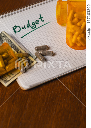 Budget planning with pills and cash on a desk Budget planning with pills and cash on a desk 137183200