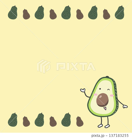 アボカド柄の背景と案内ポーズのキャラクターイラスト素材 137183255