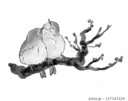 梅の枝で寄り添うメジロ(墨絵風) 梅の枝で寄り添うメジロ(墨絵風) 137183320