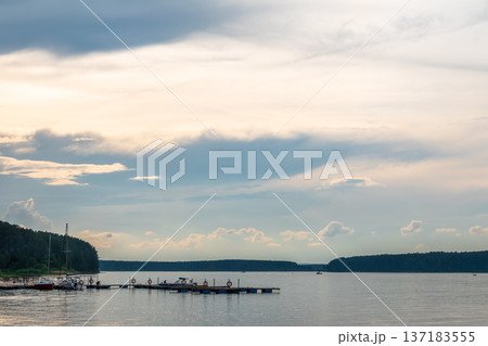 Blue lake with cloudy sky, natural background Blue lake with cloudy sky, natural background 137183555