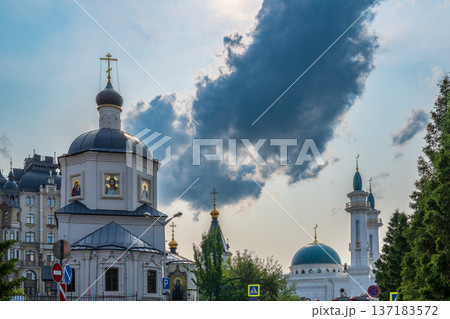 View of Church of St. Evdokia and the Irek Mosque in Kazan, Russia View of Church of St. Evdokia and the Irek Mosque in Kazan, Russia 137183572