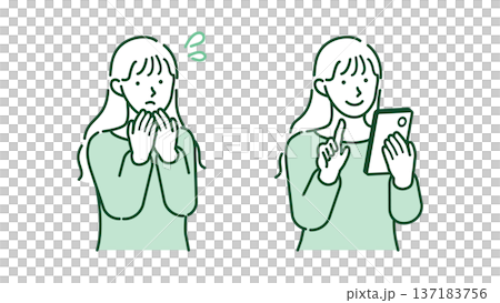 スマホで悩み解決し笑顔で画面を操作する若い女性のイラスト 137183756