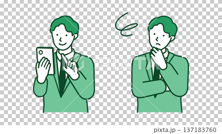 A man in a suit who solves his business smartphone problems and operates it with a smile A man in a suit who solves his business smartphone problems and operates it with a smile 137183760