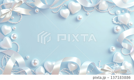 パールとリボン、白いハートの優雅な水色フレーム背景 137183886
