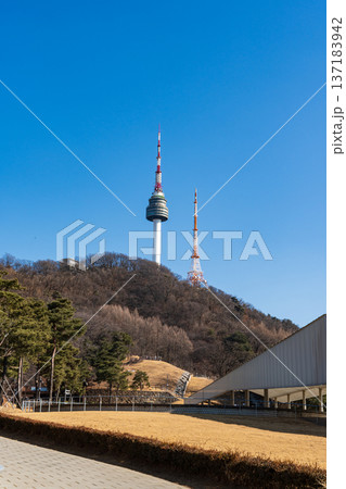 N Seoul Tower with autumn landscape. It is also known as Namsan Tower or Seoul Tower, the landmark which is a communication and observation tower located on Nam Mountain in central Seoul, South Korea 137183942