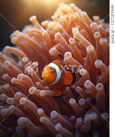 Vibrant Clownfish Peeking Through Soft Anemone Tentacles With Golden Sunlight 137183946