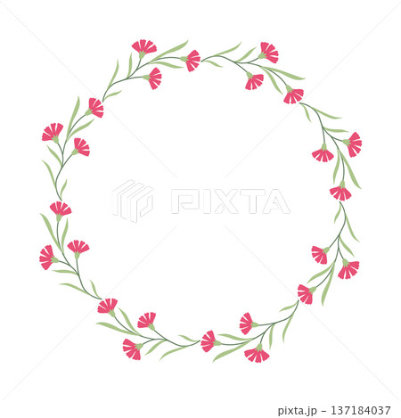 Carnation Wreath Vector Illustration in Flat Minimal Style, Round Floral Frame Border for Wedding Invitation Card Design 137184037