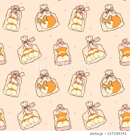 Kawaii Corgi Bread in Bag Seamless Pattern Cute Corgi Butt Bakery Doodle Whimsical Hand Drawn Dog Loaf Print 137184341