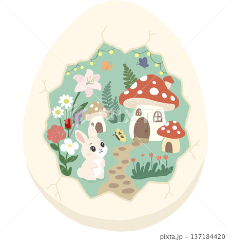 Cute fantasy Easter illustration featuring a bunny in a whimsical mushroom village inside a cracked egg shell. 137184420