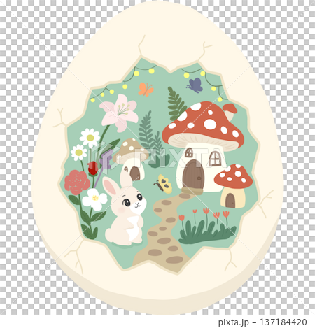 Cute fantasy Easter illustration featuring a bunny in a whimsical mushroom village inside a cracked egg shell. 137184420