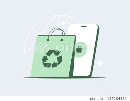 Sustainable e-commerce marketing, eco friendly shopping bag with recycling symbol and mobile phone checkout screen, green retail and environmental responsibility theme, modern flat vector illustration Sustainable e-commerce marketing, eco friendly shopping bag with recycling symbol and mobile phone checkout screen, green retail and environmental responsibility theme, modern flat vector illustration 137184532