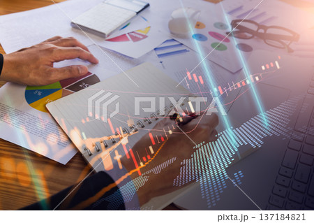 Stock market or forex trading graph and candlestick chart suitable for financial investment concept. Economy trends background for business idea and all art work design. Abstract finance background. 137184821