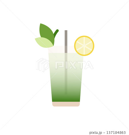 Matcha Lemonade Icon. Matcha citrus lemonade drink in tall glass with leaf and lemon. Flat vector illustration isolated 137184863