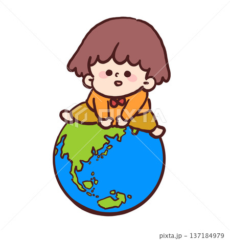 世界にだっていける!地球に座る男の子のイラスト 世界にだっていける!地球に座る男の子のイラスト 137184979