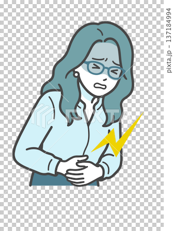 Illustration of a woman suffering from stomach pain (poor health, gastrointestinal troubles) Illustration of a woman suffering from stomach pain (poor health, gastrointestinal troubles) 137184994
