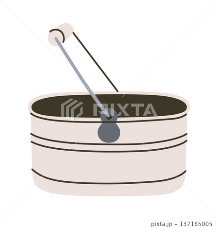 Metal container with lid and handles. Flat vector illustration for home storage, laundry, household chemicals. Cartoon style basket for domestic organization, cleaning supplies, bathroom design 137185005