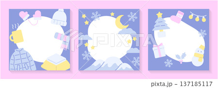 冬 フレーム 背景素材｜雪とクリスマスモチーフのフラットベクターイラスト 137185117