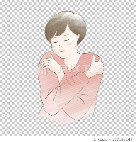 A short-haired woman hugging herself A short-haired woman hugging herself 137185147