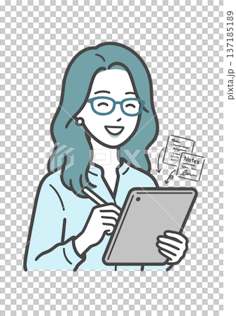 圖解：一位女士正在平板電腦上做筆記（數位化學習/商務） 137185189