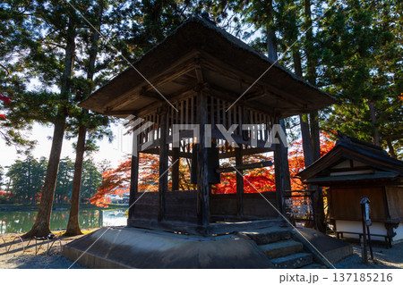 秋の岩手県平泉　紅葉の世界遺産毛越寺　鐘楼堂 137185216
