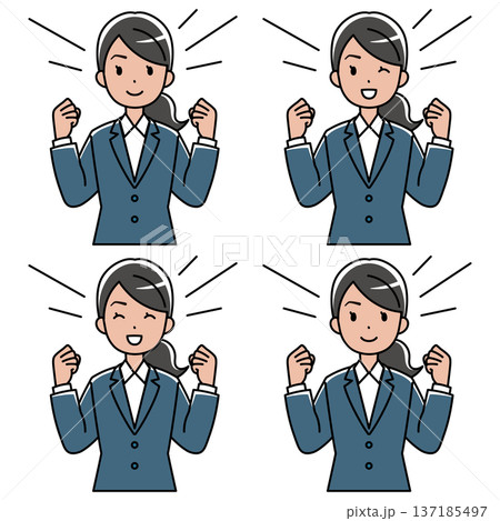 ガッツポーズするスーツの東南アジア系女性のイラスト 137185497