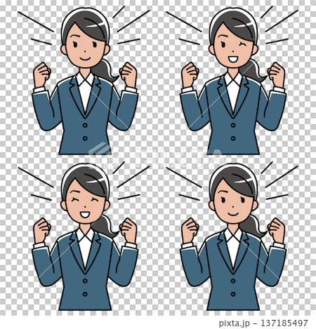 ガッツポーズするスーツの東南アジア系女性のイラスト 137185497