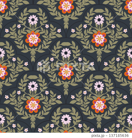 Scalloped Folk Floral Damask Textile Art 137185636