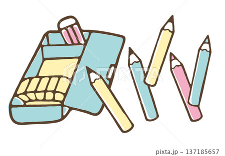 シンプルな筆箱と鉛筆、消しゴムのイラスト 137185657
