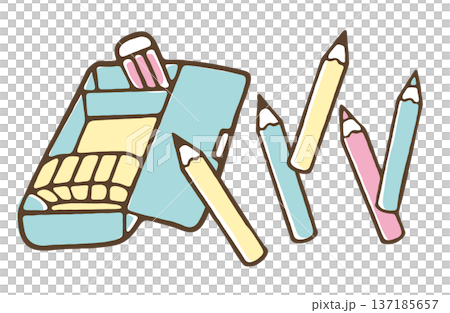 シンプルな筆箱と鉛筆、消しゴムのイラスト 137185657