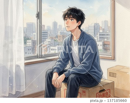 窓辺で物思いにふける若い男性 都会と未来を見つめる姿 水彩イラスト 137185660