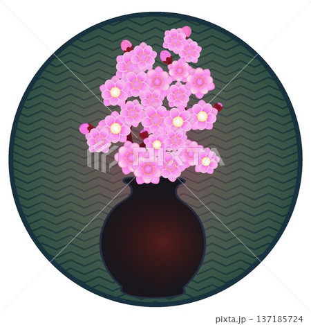 円形背景のついた花瓶に活けられた花桃のイラスト 円形背景のついた花瓶に活けられた花桃のイラスト 137185724