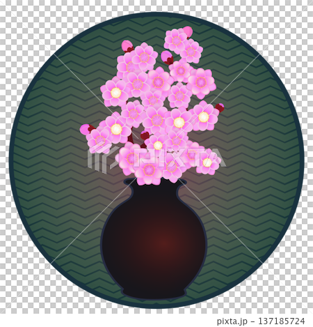 円形背景のついた花瓶に活けられた花桃のイラスト 円形背景のついた花瓶に活けられた花桃のイラスト 137185724
