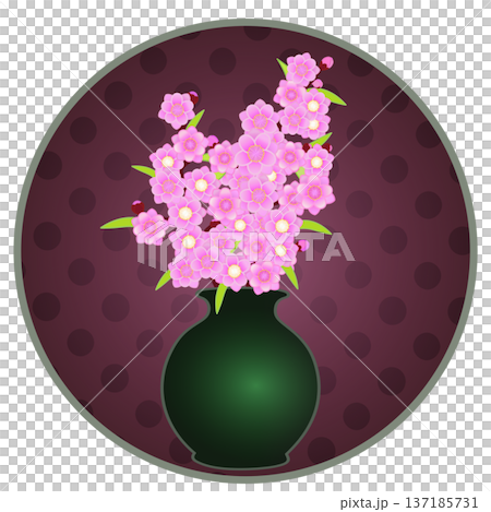 Illustration of peach blossoms arranged in a vase with a circular background Illustration of peach blossoms arranged in a vase with a circular background 137185731