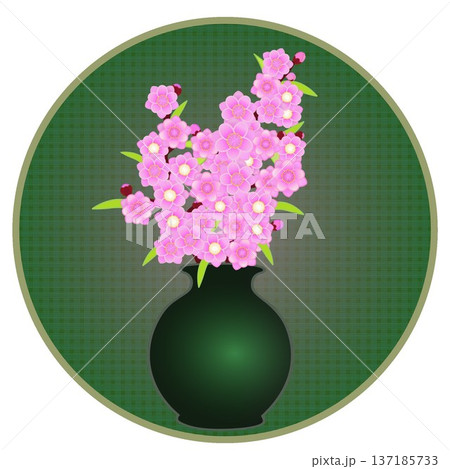 円形背景のついた花瓶に活けられた花桃のイラスト 137185733