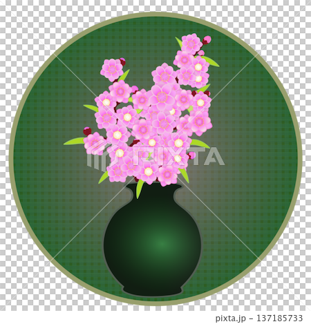 円形背景のついた花瓶に活けられた花桃のイラスト 137185733