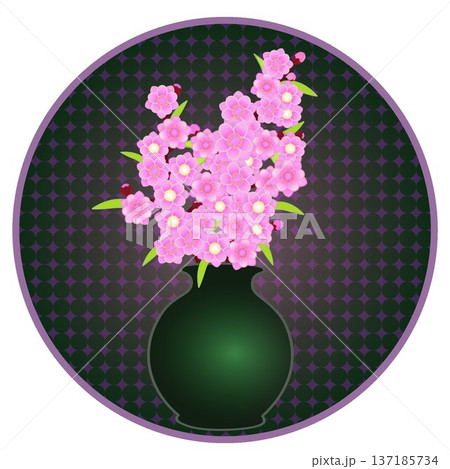 円形背景のついた花瓶に活けられた花桃のイラスト 137185734