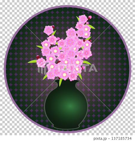 円形背景のついた花瓶に活けられた花桃のイラスト 137185734