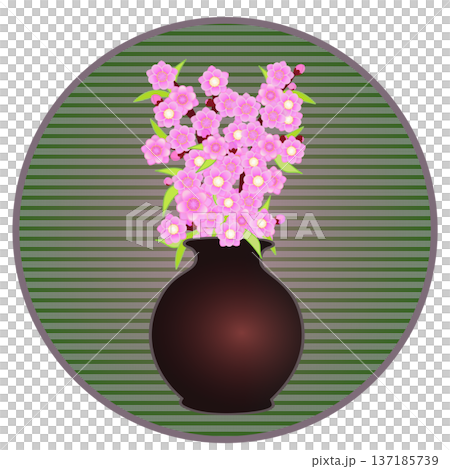 Illustration of peach blossoms arranged in a vase with a circular background Illustration of peach blossoms arranged in a vase with a circular background 137185739