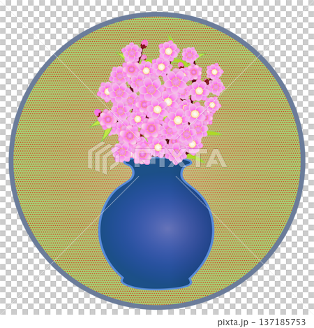 円形背景のついた花瓶に活けられた花桃のイラスト 円形背景のついた花瓶に活けられた花桃のイラスト 137185753