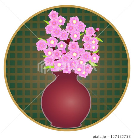 円形背景のついた花瓶に活けられた花桃のイラスト 円形背景のついた花瓶に活けられた花桃のイラスト 137185758