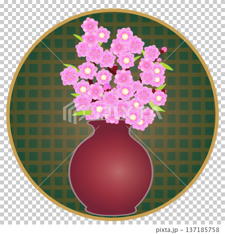円形背景のついた花瓶に活けられた花桃のイラスト 円形背景のついた花瓶に活けられた花桃のイラスト 137185758
