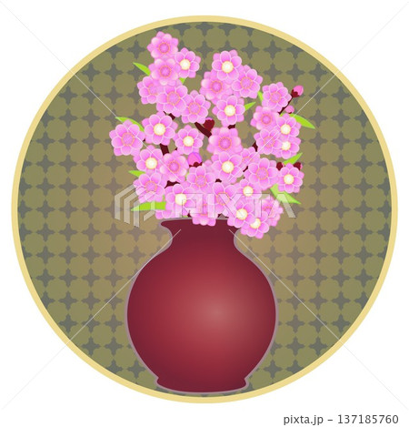 円形背景のついた花瓶に活けられた花桃のイラスト 137185760