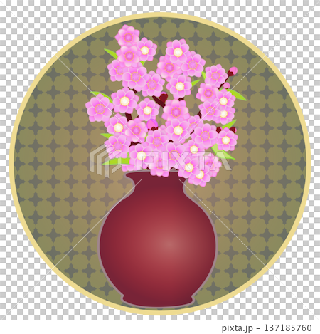 円形背景のついた花瓶に活けられた花桃のイラスト 137185760